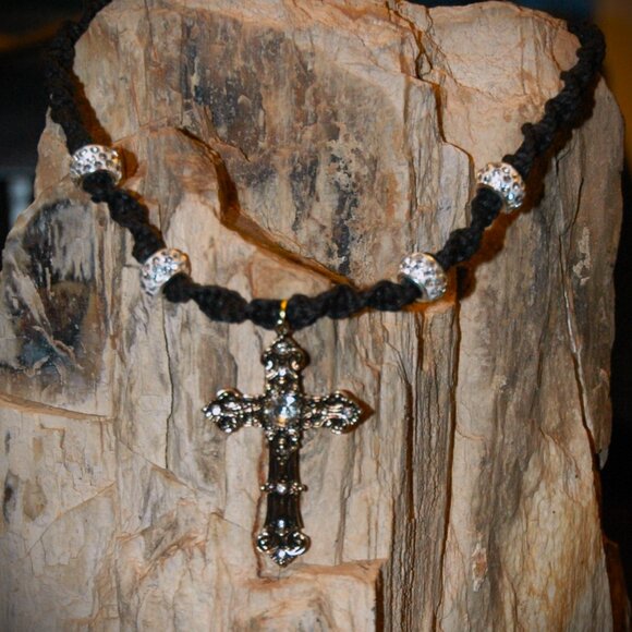 Antique Style Gold-Toned Cross Rhinestone on a 16 1/4" Handmade Black Hemp Chain - Picture 5 of 6
